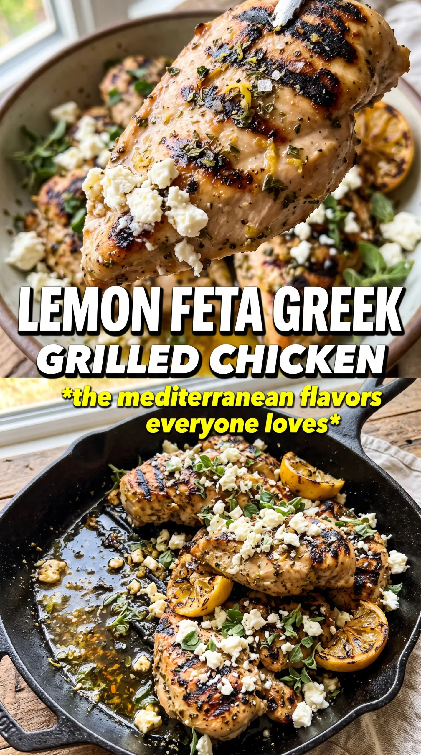 Greek chicken with lemon and feta, golden herb-crusted, cheesy