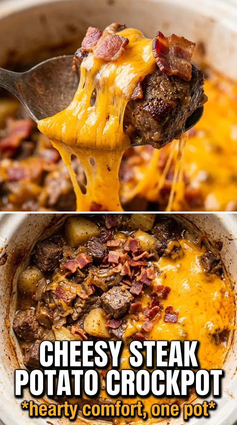 Slow Cooker Steak and Cheddar Potato Casserole cheesy layers steak potatoes