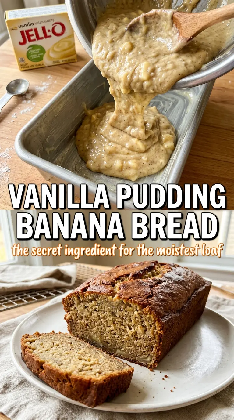 Vanilla Pudding Banana Bread, moist tender crumb