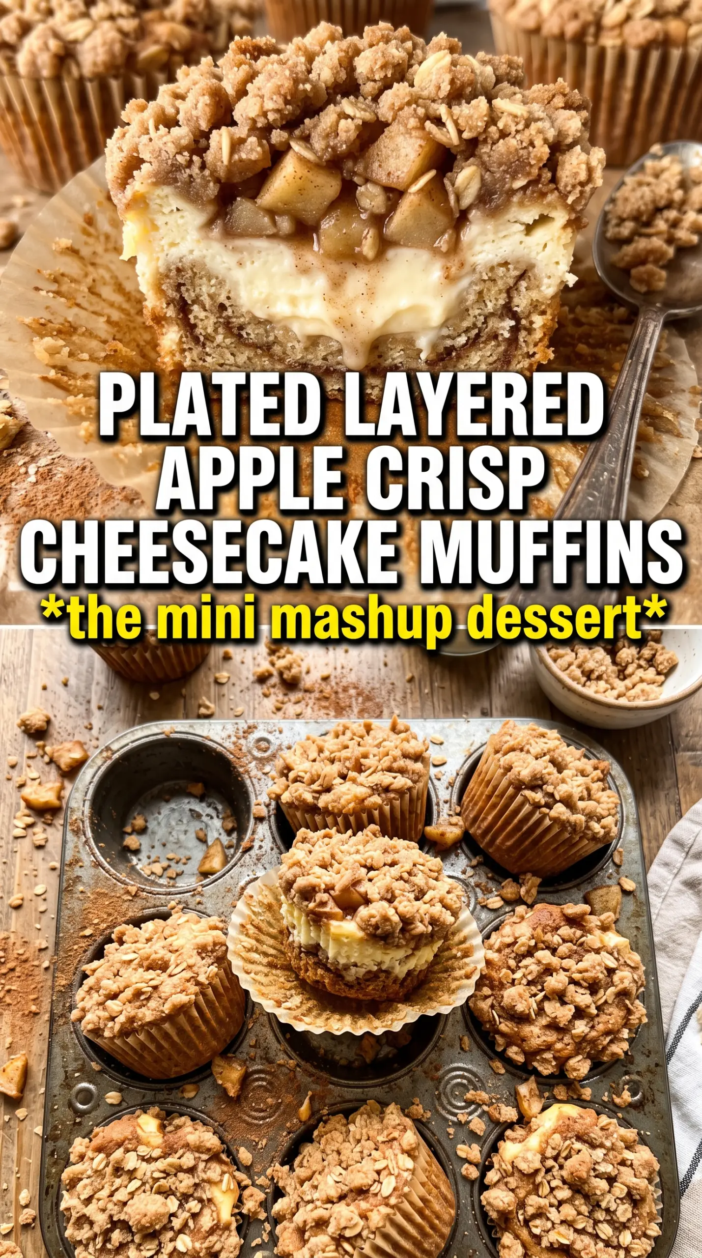 Apple Crisp Cheesecake Muffins with cream cheese swirl, oat crumble