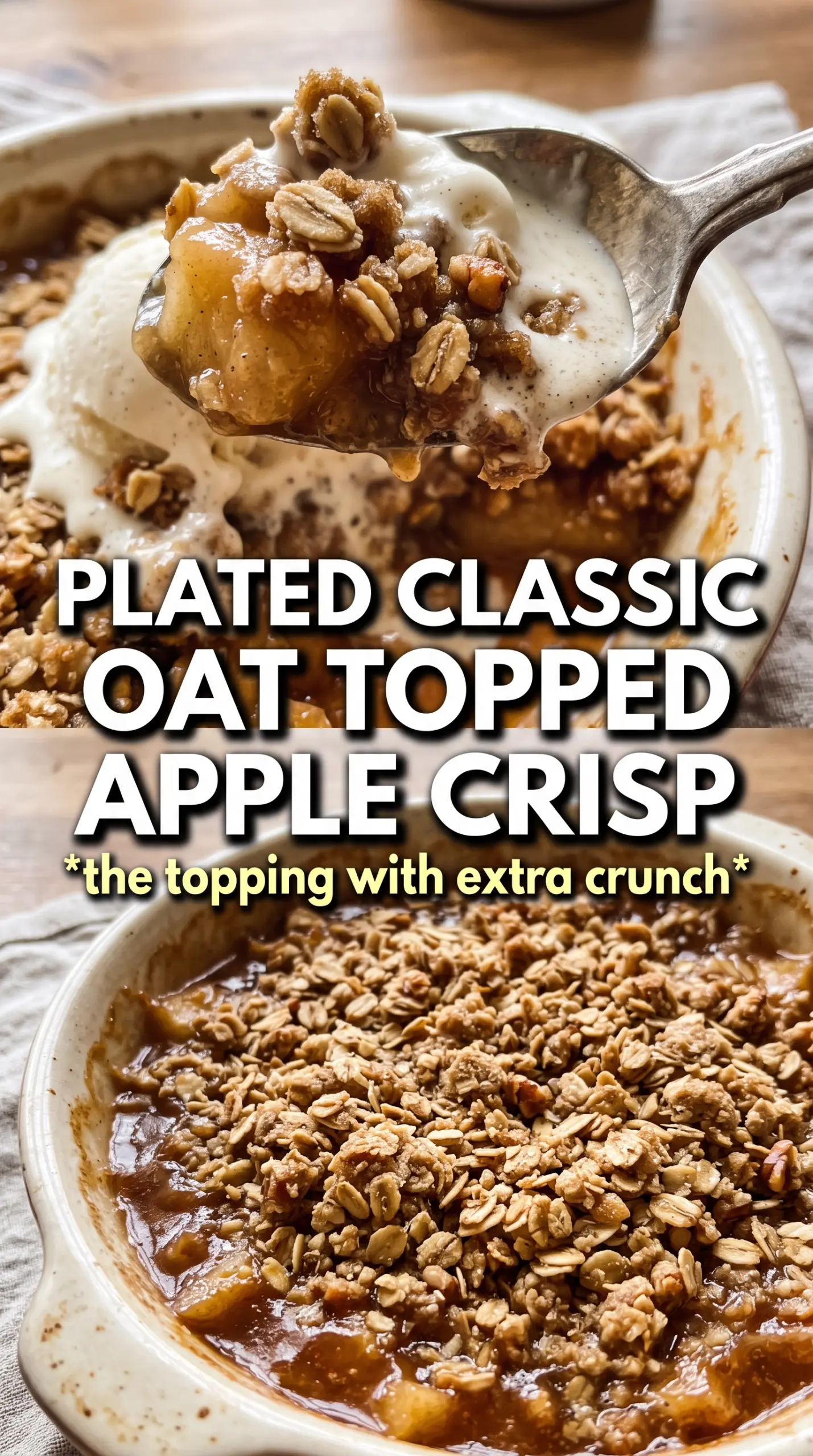 Apple crisp with oats, golden crumble, bubbling apples