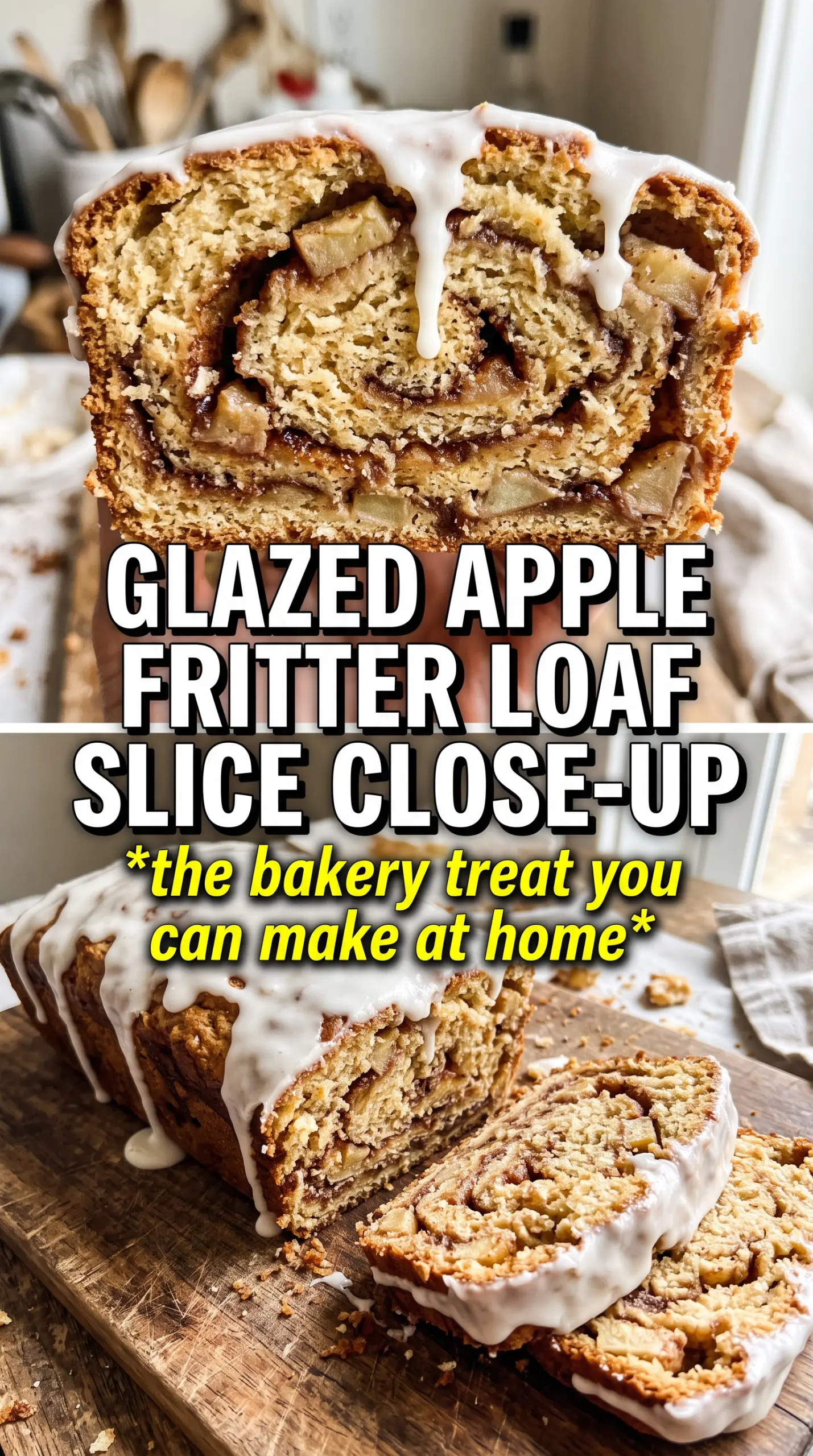 Apple Fritter Bread sliced loaf, cinnamon-apple glaze