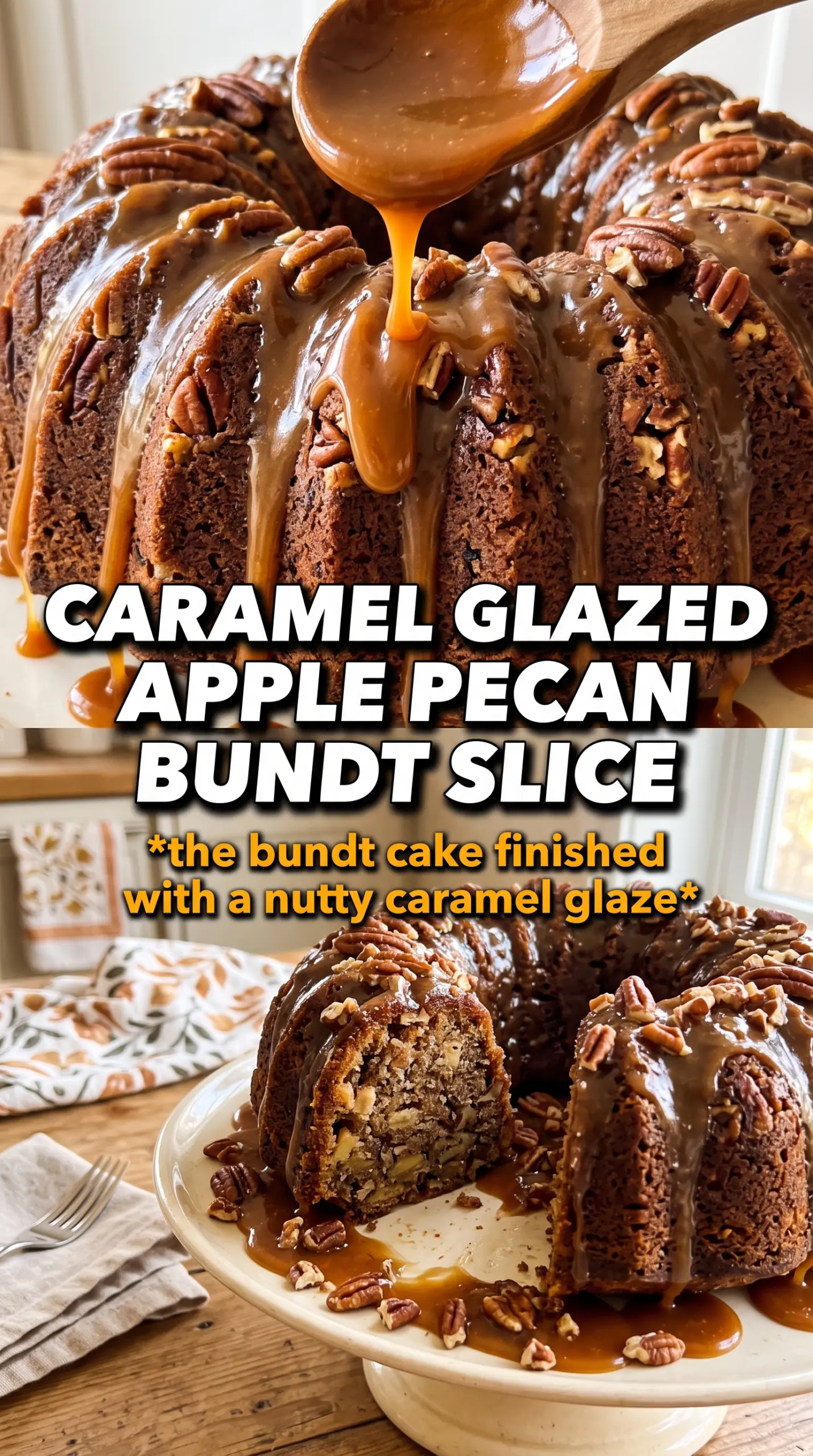 Apple Pecan Cake With Caramel Glaze, bundt cake, glossy caramel