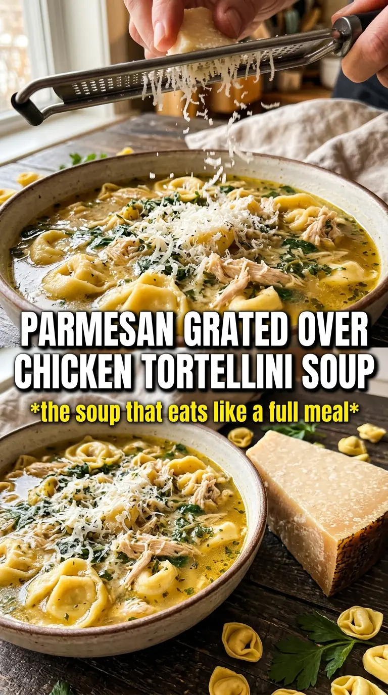 Chicken Tortellini Soup with cheese tortellini, shredded chicken, and herbs