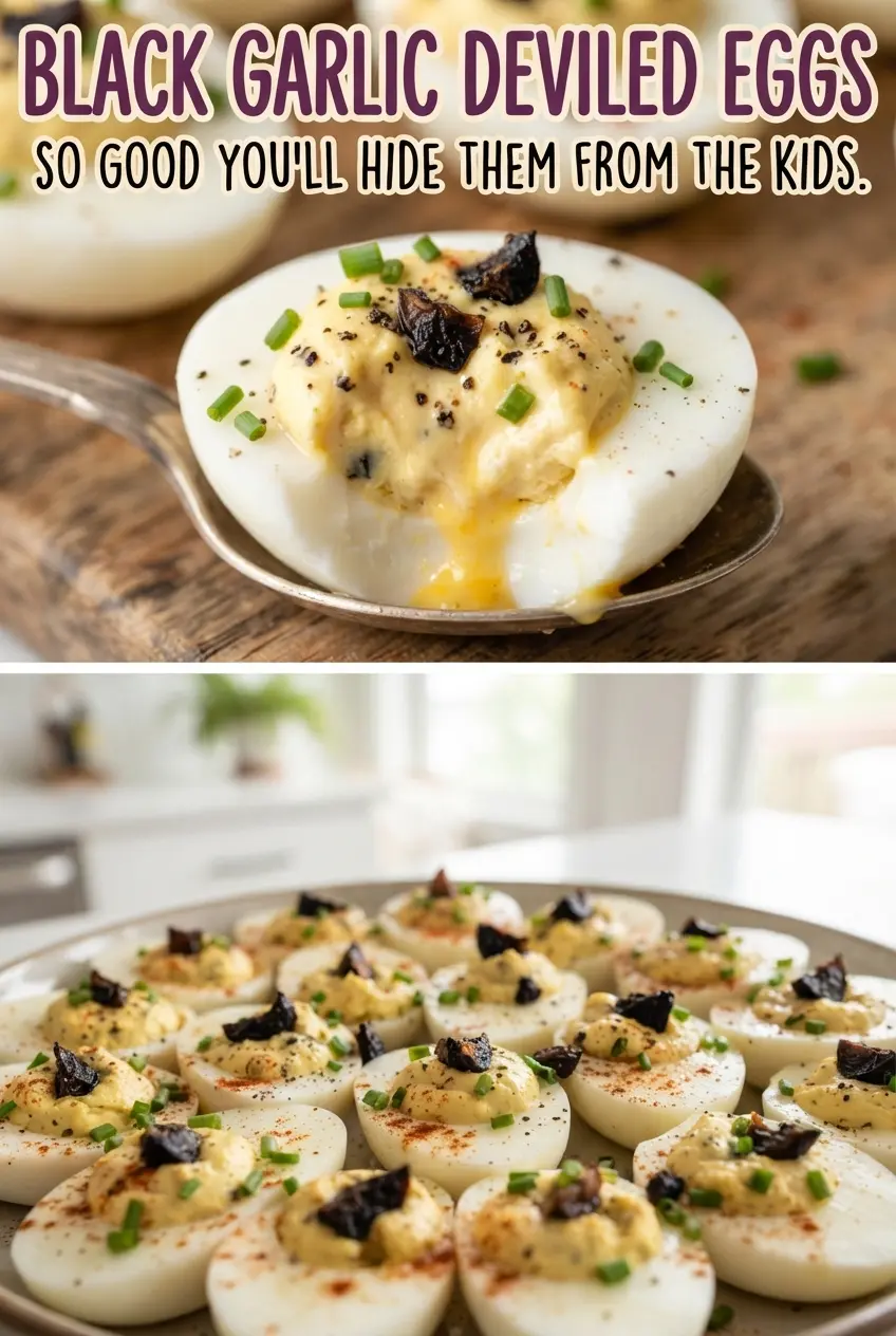 Black Garlic Deviled Eggs (Piped & Garnished)